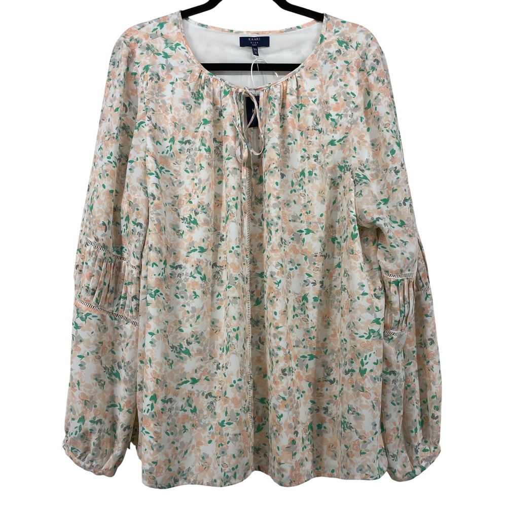 KAARI blue CURVY SZ 3X Floral Print Tie Neck Blouse Top Peach Multicolor Flowy‎